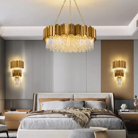 Modern Crystal Wall Sconce Lighting In Chrome Finish With K9 Crystal For Hallway Bathroom And Bedroom Mid Century Style Glam Room Accent Premium Anti Rust Metal displayed in a modern bedroom setting with matching chandelier.