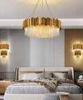 Bedroom with Mid Century Modern Crystal Wall Sconce 3 Light Antique Gold Finish for Living Room and Hallway, glam up with sparkle