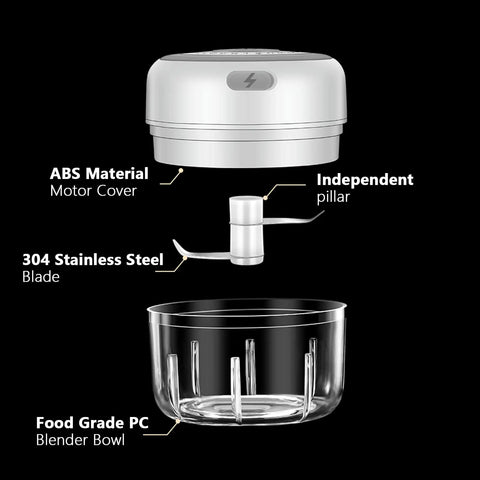USB Rechargeable Electric Mini Garlic Chopper 100Ml Cordless Food Processor parts diagram with ABS motor cover, stainless steel blade, and PC blender bowl.