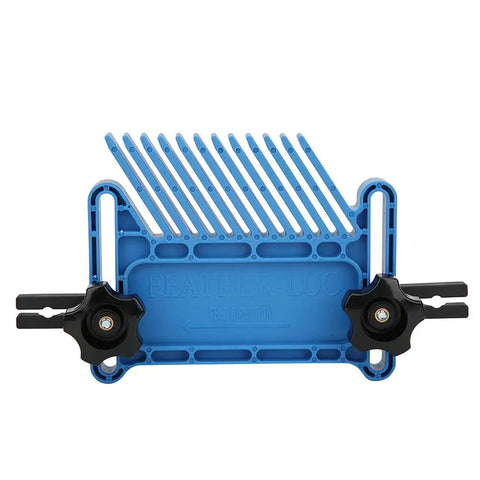 Adjustable Woodworking Featherboard Set Boss Level Fence Control Guide For Table Saw And Router Table Stackable Safety Push Block with blue polypropylene body and black clamps.