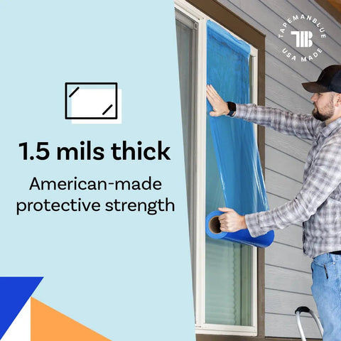 Person applying Blue Window Protection Film 24 Inch By 600 Feet For Construction Self Adhesive Temporary Glass Protection Tape