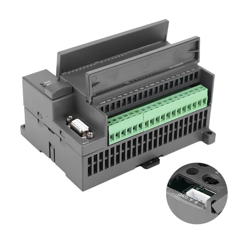Rugged 32 Bit PLC Controller With 16 Digital Inputs And 16 Transistor Outputs, featuring green connector ports and close-up detail.