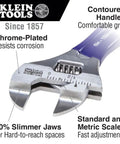 Adjustable Wrench With Slimmer 40 Percent Jaws, forged, chrome finish, 4 inch, extra wide jaw, for gas lines in tight spaces