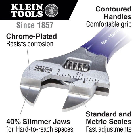 Adjustable Wrench With Slimmer 40 Percent Jaws, forged, chrome finish, 4 inch, extra wide jaw, for gas lines in tight spaces