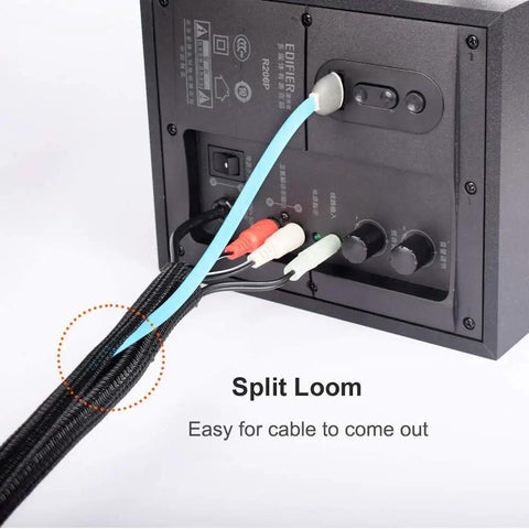 Sort Out Your Tangled Cords With This Durable 6.6 Foot Black Cable Sleeve One Inch Wide Wrap on speaker wires