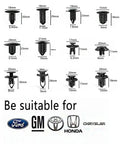 240 Piece Bumper Retainer Clips Kit For Ford GM Toyota Honda, Nylon Push Rivets And Retainers In 12 Sizes, Universal Auto Body Panel And Trim Replacement, Durable Black Plastic. Assorted black nylon clips with sizes shown for Ford, GM, Toyota and Honda