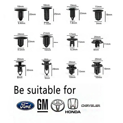 240 Piece Bumper Retainer Clips Kit For Ford GM Toyota Honda, Nylon Push Rivets And Retainers In 12 Sizes, Universal Auto Body Panel And Trim Replacement, Durable Black Plastic. Assorted black nylon clips with sizes shown for Ford, GM, Toyota and Honda