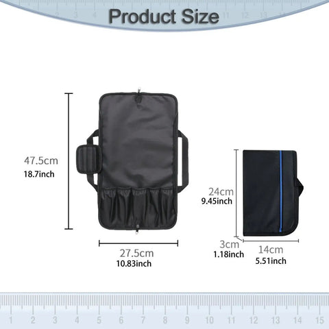 Pro Grade Portable Chef Knife Bag Foldable Knife Roll With Oxford Cloth Storage in open and folded view with dimensions