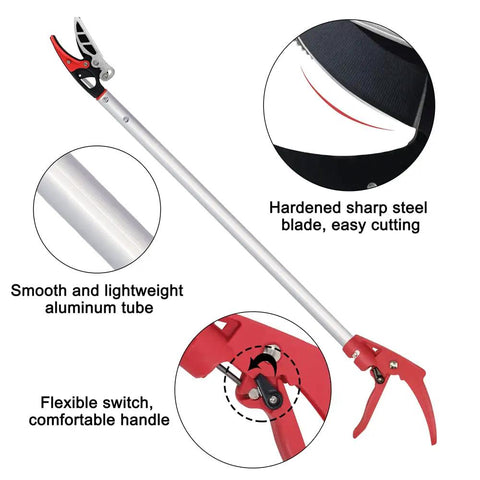 32 Inch Cut And Hold Pruner With Rotating Cutter Head for Long Reach Pruning, showing aluminum handle and steel blade details