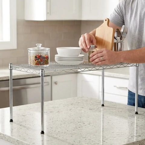 One Tier Steel Wire Shelving Unit With Adjustable Storage Rack Setup Measuring Thirty Inches By Fourteen Inches in kitchen use.