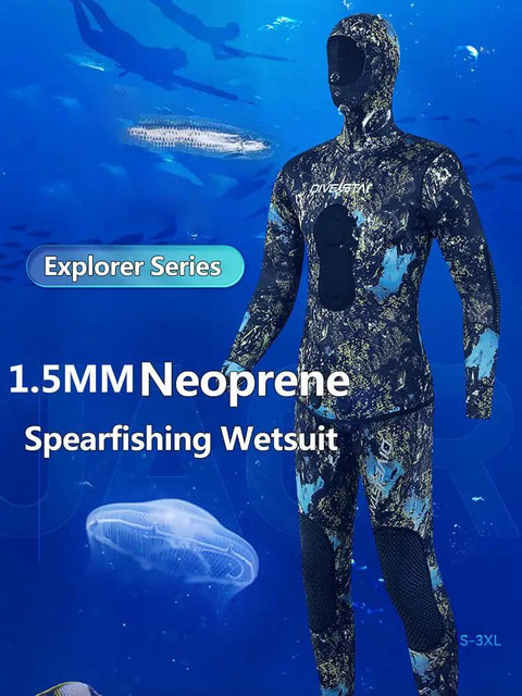 Two Piece 1.5mm Neoprene Wetsuit With Hood For Spearfishing And Freediving In Cool Water Camouflage Diving Suit Displayed Underwater