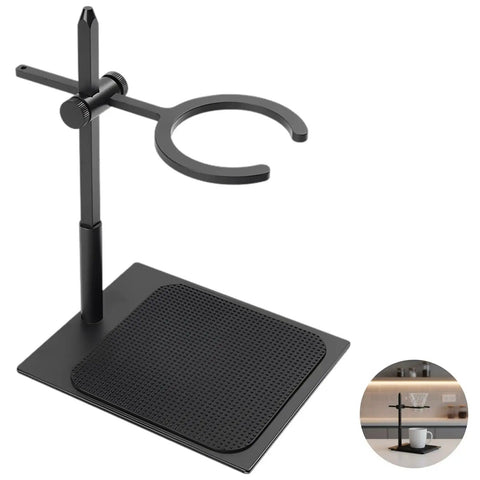 Hassle Free Pour Over Coffee Stand Featuring Adjustable Height Alloy Base With Non Slip Pad and round ring for brewing coffee.