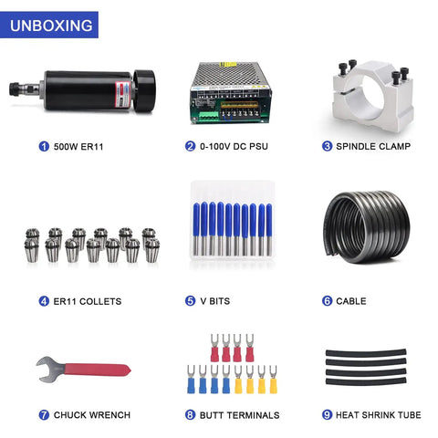 Unboxing of CNC Spindle Motor Kit 500W ER11 Brushed With PSU, Rheostat, Spindle Clamp, Cable, Wrench, Heat Shrink Tubing