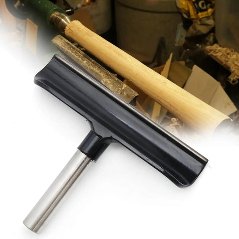 6 Inch Lathe Tool Rest with 5/8 Inch Post, shown with wooden lathe tool, stainless steel for mini and midi lathes, rust resistant.