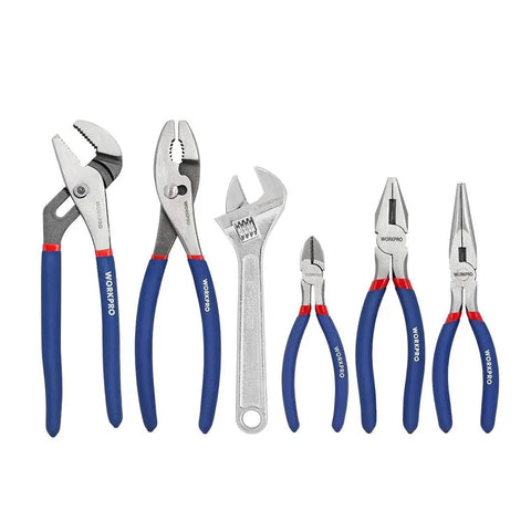 Large Six Piece Pliers And Wrench Set For DIYers And Home Use With 10 Inch Water Pump Pliers, 10 Inch Slip Joint Pliers, 8 Inch Long Nose Pliers, 8 Inch Linesman Pliers, 6 Inch Diagonal Cutters, And 8 Inch Adjustable Wrench