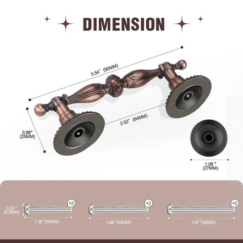 Antique Copper Cabinet Pulls With 2.5 Inch Hole Centers And 3.5 Inch Overall Length Solid Zinc Alloy Retro Drawer Pulls, dimensions shown