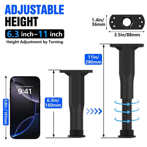 Adjustable Telescopic Bed Support Legs Kick That Saggy Middle To The Curb And Lock Up Weak Frames Fast With Easy Height Adjustments That Keep Your Box Spring Rock Solid All Night Long, showing height range 6.3 to 11 inches.