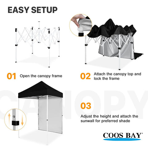 Easy setup steps for 5x5 Pop Up Canopy Tent With Removable Side Wall, Easy Setup Portable Sun Shelter With Carry Bag, shown in black.
