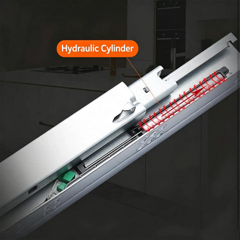 Close-up of heavy duty undermount drawer slides with soft close and full extension 20 inch hidden drawer runners, galvanized steel