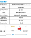Infrared Photoelectric Sensor Switch NPN Normal Open And Normally Closed, DC 10 To 30V, 80 Cm Range, Reflective Beam Sensor For Garage Parking And Infrared Detection, Easy Install Beast Of A Sensor For Precision Safety. Parameter chart and wiring diagram