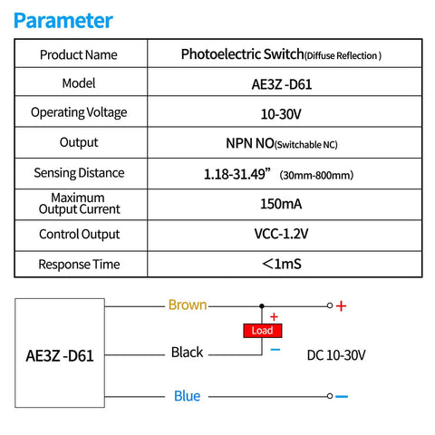 Infrared Photoelectric Sensor Switch NPN Normal Open And Normally Closed, DC 10 To 30V, 80 Cm Range, Reflective Beam Sensor For Garage Parking And Infrared Detection, Easy Install Beast Of A Sensor For Precision Safety. Parameter chart and wiring diagram