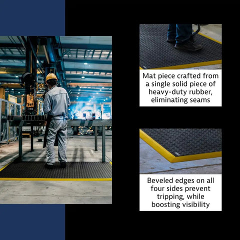 Worker standing on Diamond Flex Fire Retardant Rubber Anti Fatigue Mat For Welding Workstations Heavy Duty 40 By 64 Inch Industrial Floor Mat With Anti Slip Surface Beveled Edges Black With Yellow Border Spark Resistant Comfort For Fabrication in a welding shop.