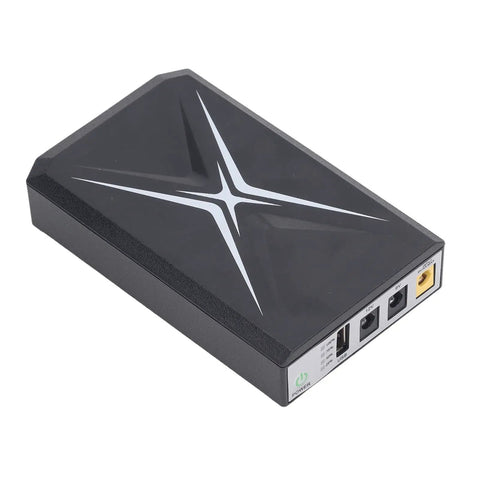 Portable Mini Ups Battery Backup 10400Mah with black casing and multiple power output ports for uninterrupted connectivity.