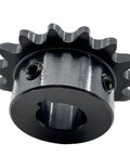 Close-up of 35B15 Type B Roller Chain Sprocket Five Eighths Inch Bore 15 Teeth ANSI 35 Hardened 1045 Steel Rust Resistant.