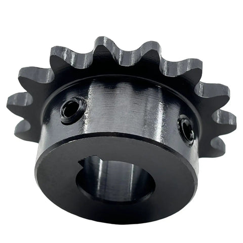 Close-up of 35B15 Type B Roller Chain Sprocket Five Eighths Inch Bore 15 Teeth ANSI 35 Hardened 1045 Steel Rust Resistant.