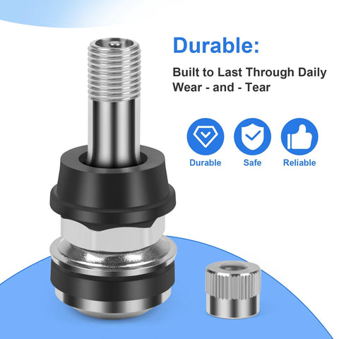 Front view of a brass Schrader tire valve stem with threaded metal shank, black base, and metal cap beside it.