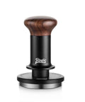 58mm Espresso Tamper With Ripple Base And Spring Loaded Precision Pressure, walnut handle, stainless steel base, side view