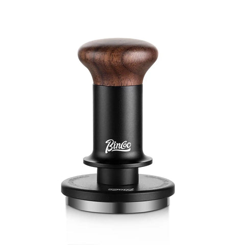 58mm Espresso Tamper With Ripple Base And Spring Loaded Precision Pressure, walnut handle, stainless steel base, side view