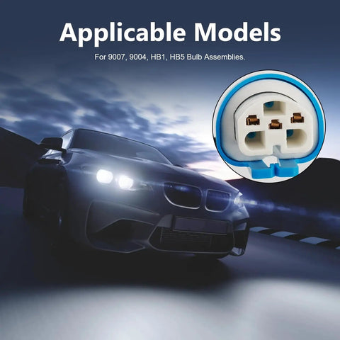 Two Pack Car Fog Light Socket Wire Harness Connector Compatible With 9007 9004 HB1 HB5 Bulbs shown with close-up view of 3 pin connector.