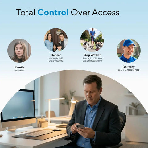 Man using smartphone with smart door lock app in modern office, demonstrating remote access control for multiple users.