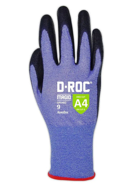 Lightweight AeroDex Polyurethane Palm Coated Work Gloves, ANSI A4 Cut Resistant, blue glove, size Small 7, front view