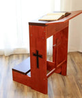 Folding Wooden Prayer Kneeler Bench For Home Or Church Space Saving Kneeler With Fold Up Tabletop And Bible Shelf Sturdy Kneeling Furniture 20 By 25 By 32 Inches, side view showing cross accents and open Bible