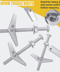 Toggle Bolts Assortment Kit 48 Sets For Drywall Including One Quarter Inch, Three Sixteenths Inch And One Eighth Inch Butterfly Anchors With Matching Wing Nuts, Hex Nuts And Washers For Secure Picture And Mirror Hanging