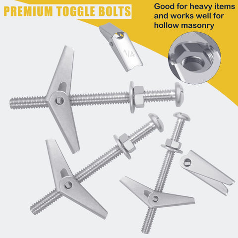 Toggle Bolts Assortment Kit 48 Sets For Drywall Including One Quarter Inch, Three Sixteenths Inch And One Eighth Inch Butterfly Anchors With Matching Wing Nuts, Hex Nuts And Washers For Secure Picture And Mirror Hanging