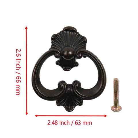 4 Pack Vintage Ring Pulls Zinc Alloy Cabinet Drawer Pulls With Antique Brass Finish For Dresser Wardrobe Cupboard Furniture Door Ring Handles 2.6 X 2.48 Inches Rust And Fade Resistant with measurements and screw