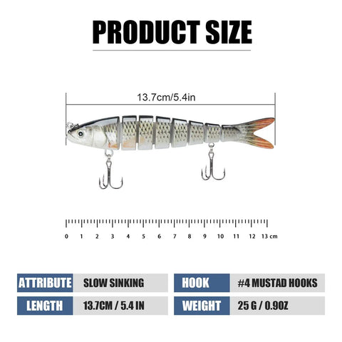 Easy Catch Three Action Swimbait Lure With BKK Hooks, 13.7cm, silver-gray, size chart, heavy duty Dyneema fiber jointed