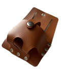 Heavy Duty Multiple Pocket Tool Organizer Built Tough For Hard Hats And Grease Monkeys in brown leather with metal snaps and slots.