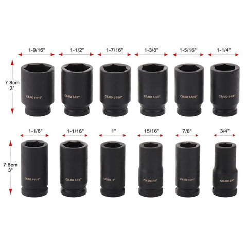 Sick 12 Piece 3/4 Inch Hex Impact Socket Kit, 3 Inches Long Rugged Design With Rust Proof Coating For Heavy Torque Jobs Plus Storage Case, Perfect For Tough Garage Work, 12 black CR-MO sockets