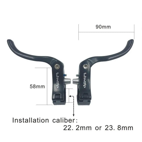 Ergonomic Aluminum Alloy Brake Lever Set For Road Bikes, 22.2mm And 23.8mm Clamp Sizes, dimensions shown.