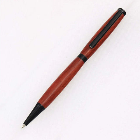 Premium Slimline Pen Turning Kit With 10 Pack Assorted Fly Metallic Finishes Including Gold Black Chrome Gun Metal And Copper Plus Cross Style Refills For Crafting Dope Custom 7mm Ballpoint Pens red wooden pen with black accents on white background