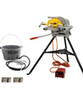 Reconditioned Heavy Duty Pipe Threading Machine With Foot Pedal And Quick Opening Die Head Handles Half Inch To Two Inch Pipe on a stand with tools.
