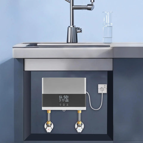On Demand Tankless Electric Water Heater 4000W 110V Instant Hot Water System mounted under sink with digital display.