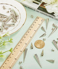 Killer Silver Cone Spike Studs 30 Piece Screw Back Rivet Kit 40Mm And 20Mm Punk Leather Hardware arranged with ruler and coin.