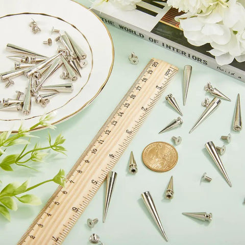 Killer Silver Cone Spike Studs 30 Piece Screw Back Rivet Kit 40Mm And 20Mm Punk Leather Hardware arranged with ruler and coin.