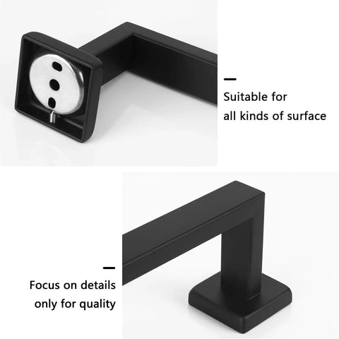 Close-up of 33 Inch Matte Black Stainless Steel Towel Bar Wall Mount Rack for Bathroom showing detail and surface suitability.