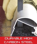 Duratec SFB Band Saw Blade Carbon Steel Skip Tooth With Raker Set cutting metal pipe, close-up view.